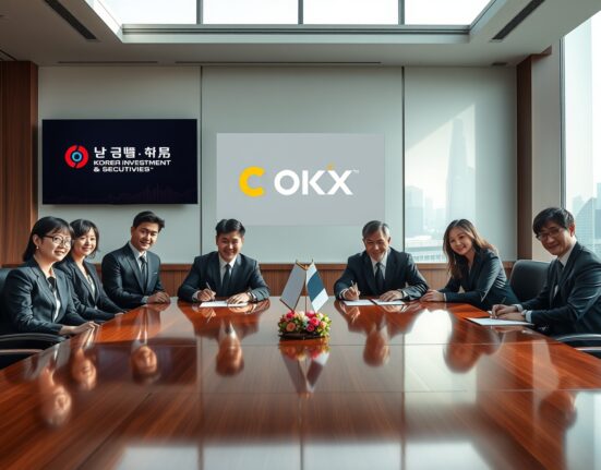 Executives from Korea Investment & Securities and OKX signing a joint acquisition agreement for a 40% stake in Coinone in a Seoul boardroom.