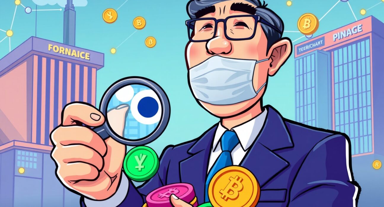 Korean financial official examining stablecoin oversight with digital currency symbols