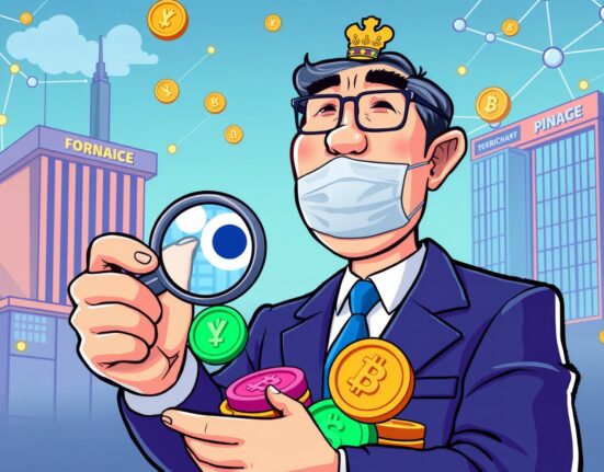 Korean financial official examining stablecoin oversight with digital currency symbols