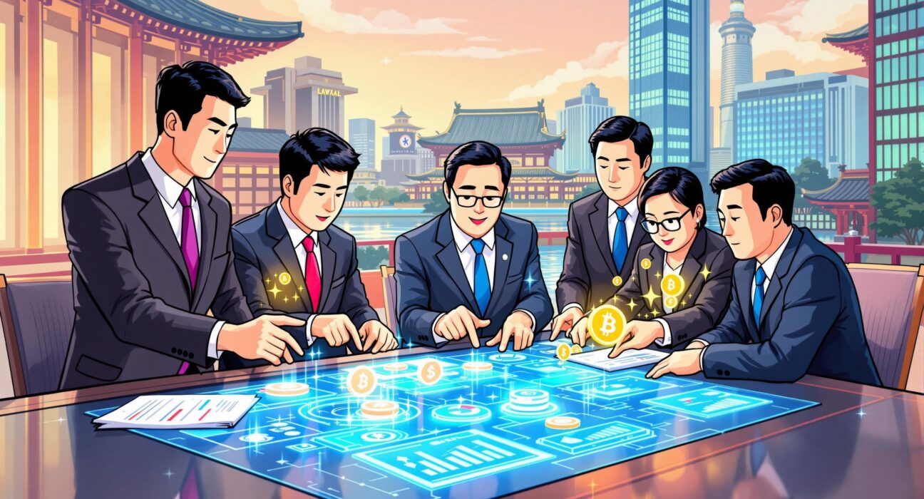 Korean financial executives discussing new Korea stablecoin regulations and strategies for credit card firms.