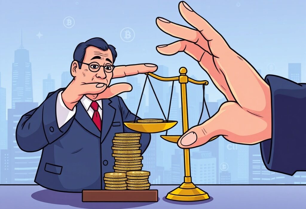 Cartoon of a regulator protecting users from excessive leverage in virtual asset services, highlighting new South Korean crypto lending rules.