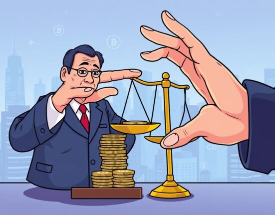 Cartoon of a regulator protecting users from excessive leverage in virtual asset services, highlighting new South Korean crypto lending rules.