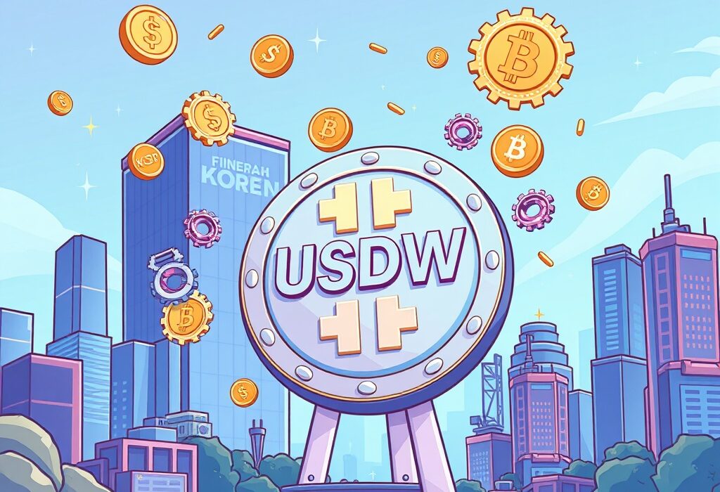 A vibrant cartoon illustration showing the launch of a new USD-pegged stablecoin, representing innovation in the Korean digital finance sector.