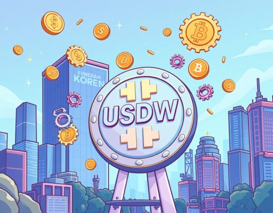 A vibrant cartoon illustration showing the launch of a new USD-pegged stablecoin, representing innovation in the Korean digital finance sector.