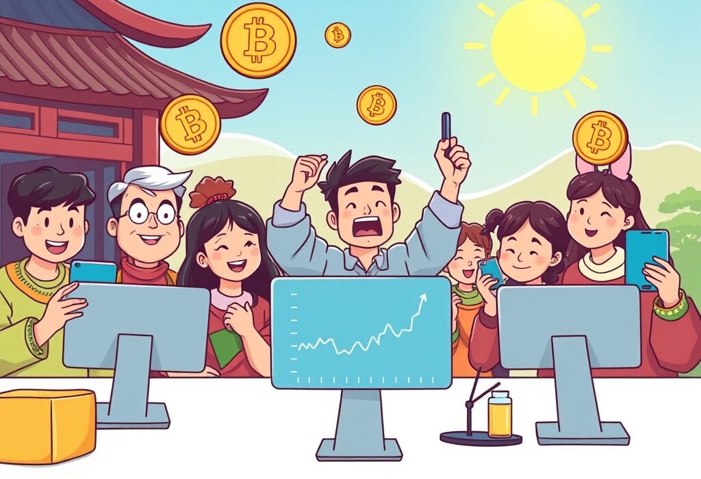 A group of optimistic Korean crypto investors celebrating an upward trend in the market, symbolizing strong Bitcoin price expectations.