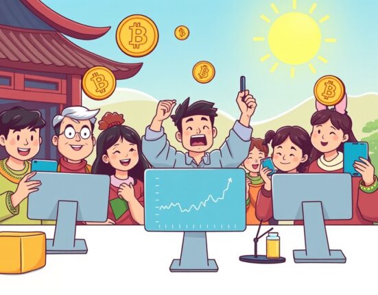 A group of optimistic Korean crypto investors celebrating an upward trend in the market, symbolizing strong Bitcoin price expectations.