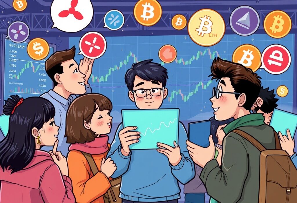 A cartoon illustration showing the vibrant engagement of the Korean crypto community with trending digital assets, highlighting key tokens.