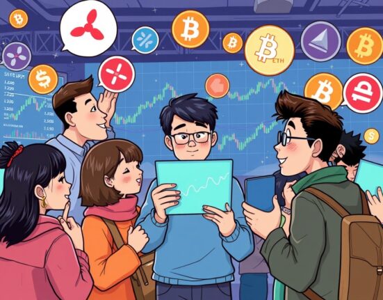 A cartoon illustration showing the vibrant engagement of the Korean crypto community with trending digital assets, highlighting key tokens.