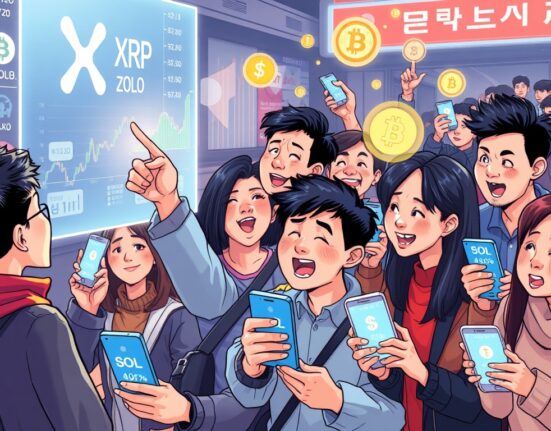 A cartoon illustration depicting the vibrant Korean crypto trends, with people actively engaging with popular digital assets and market data.