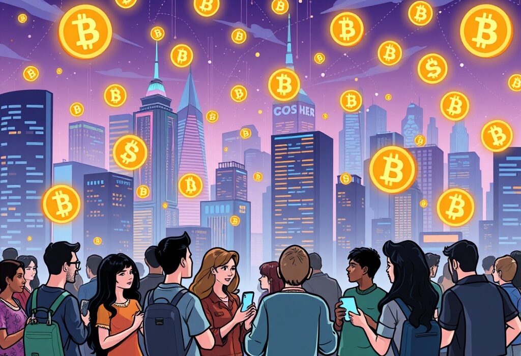 Cartoon illustration showing a vibrant South Korean crypto community discussing top crypto trends and digital assets.