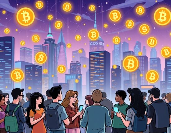 Cartoon illustration showing a vibrant South Korean crypto community discussing top crypto trends and digital assets.
