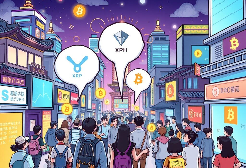 A cartoon illustration showing people in a vibrant Korean setting actively engaging with digital currencies, representing key Korean crypto trends.