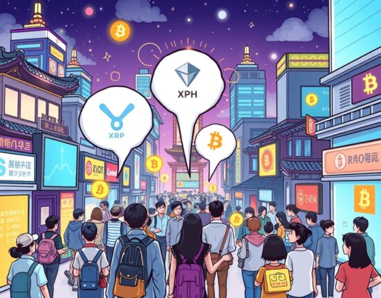 A cartoon illustration showing people in a vibrant Korean setting actively engaging with digital currencies, representing key Korean crypto trends.