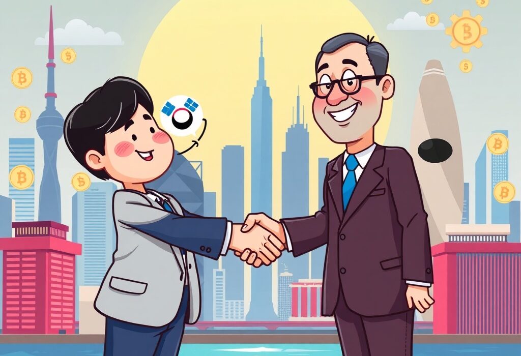 Illustration of South Korean firms exploring Hong Kong's crypto market, symbolizing new partnerships and regulatory discussions.