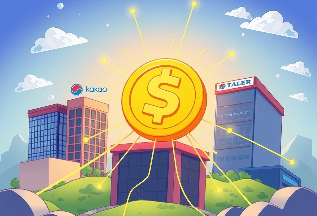 Cartoon illustration depicting Korean tech giants collaborating on Korean stablecoin development, symbolizing the future of blockchain payments Korea.