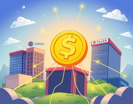 Cartoon illustration depicting Korean tech giants collaborating on Korean stablecoin development, symbolizing the future of blockchain payments Korea.