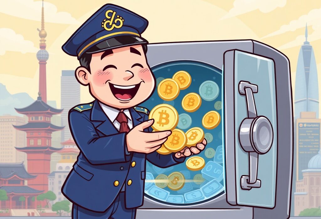 Cartoon illustration showing the successful enforcement of Korean virtual asset taxes, with digital assets being secured by authorities.