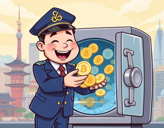 Cartoon illustration showing the successful enforcement of Korean virtual asset taxes, with digital assets being secured by authorities.