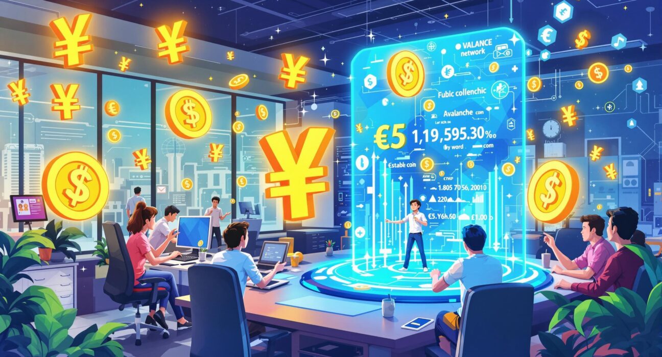 Cartoon illustration showing LG CNS exploring Avalanche for a Korean won stablecoin, symbolizing innovation in digital finance.