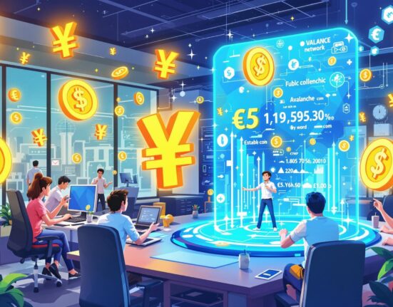 Cartoon illustration showing LG CNS exploring Avalanche for a Korean won stablecoin, symbolizing innovation in digital finance.