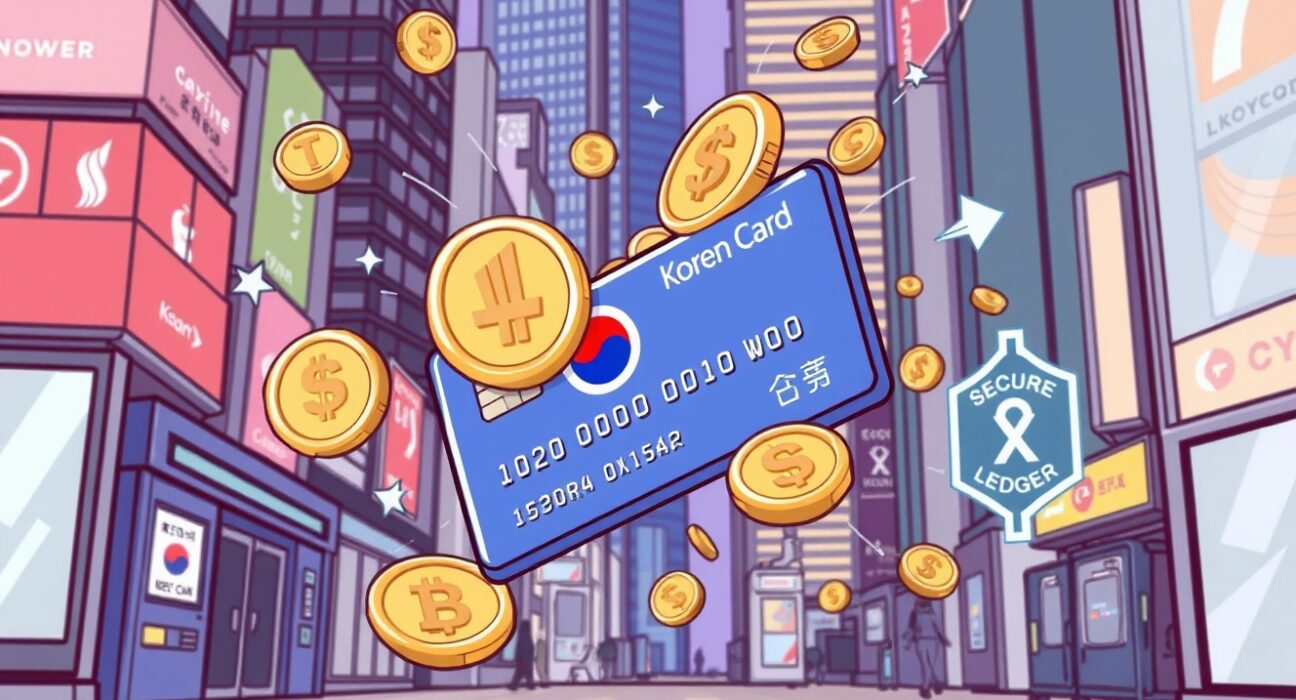 Cartoon showing NH Nonghyup Card filing for Korean won stablecoin trademarks, symbolizing digital finance innovation.