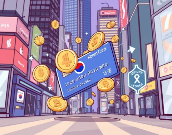 Cartoon showing NH Nonghyup Card filing for Korean won stablecoin trademarks, symbolizing digital finance innovation.