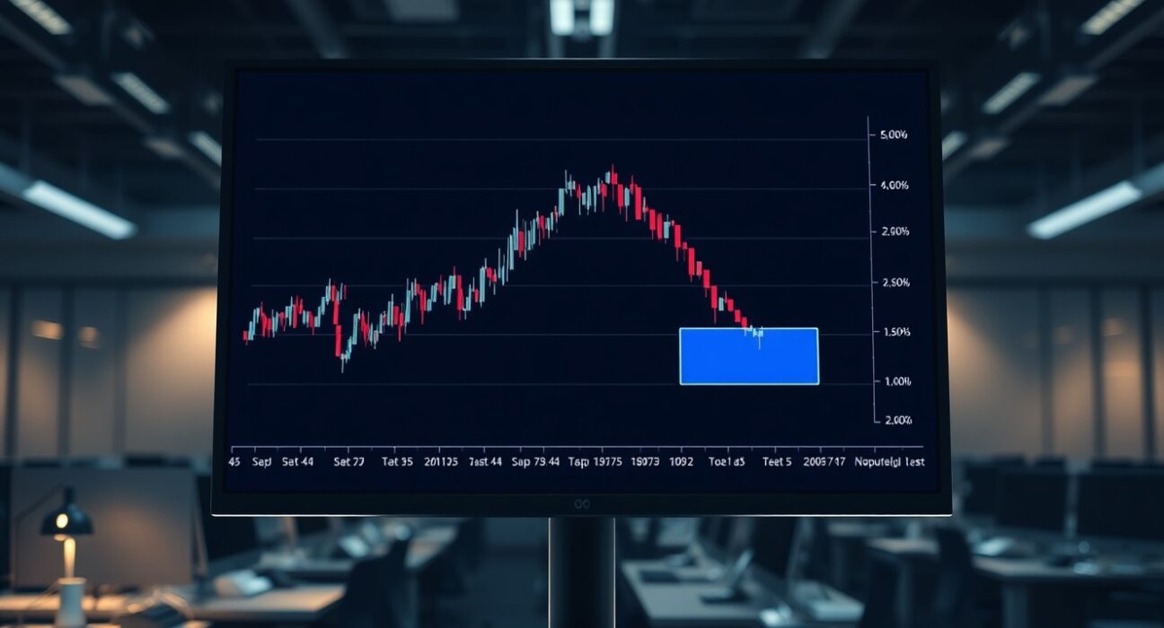 Financial chart showing KORU pullback reaching blue box support zone