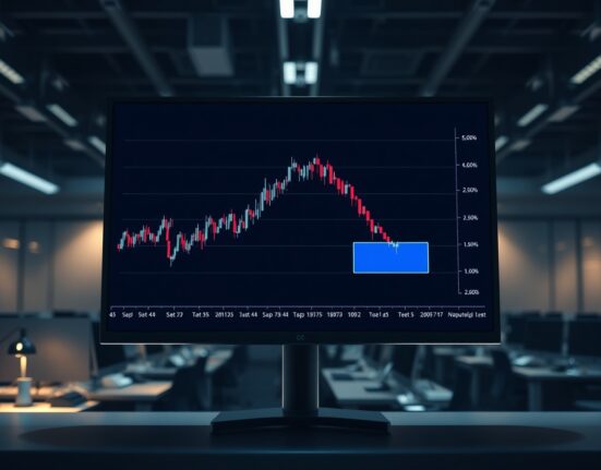 Financial chart showing KORU pullback reaching blue box support zone