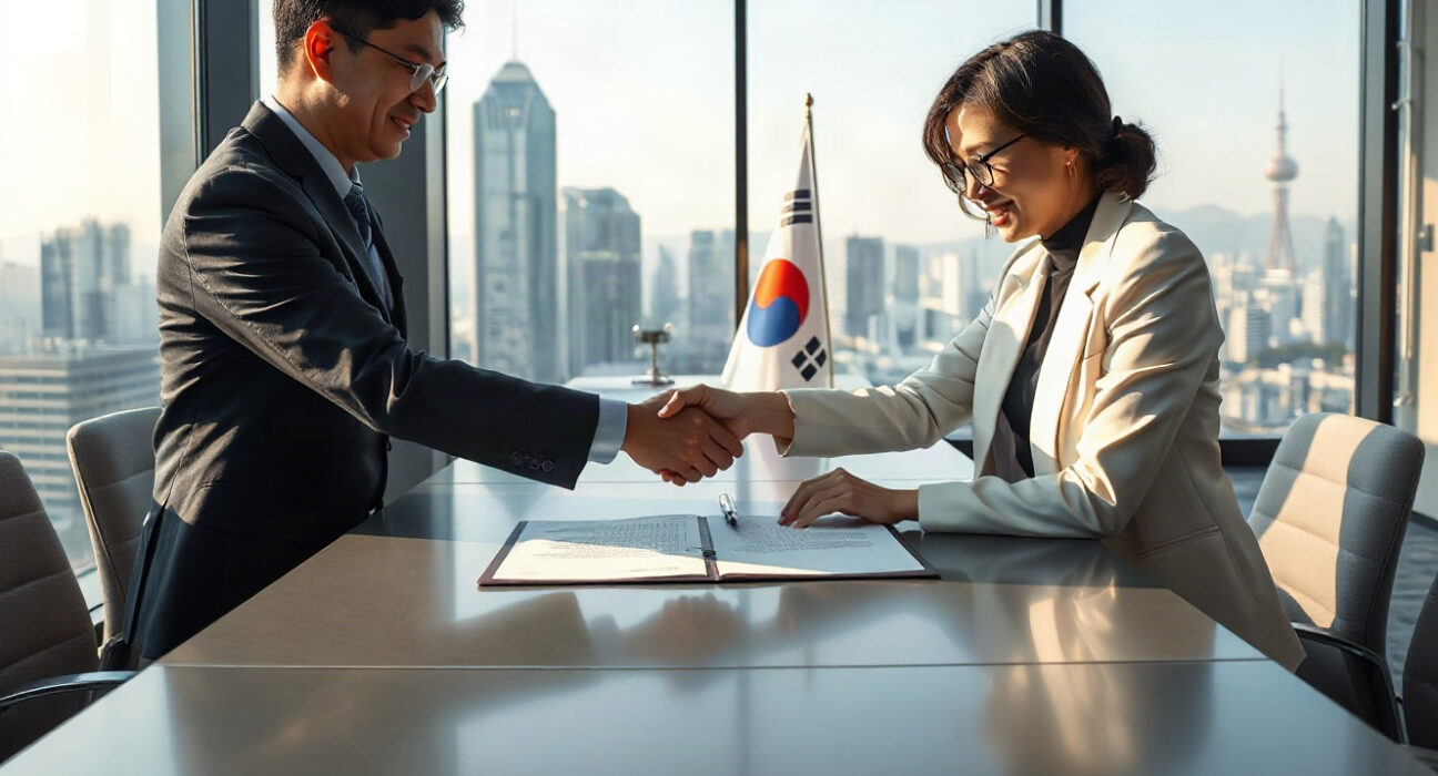 Business professionals signing a partnership agreement in a modern Seoul office