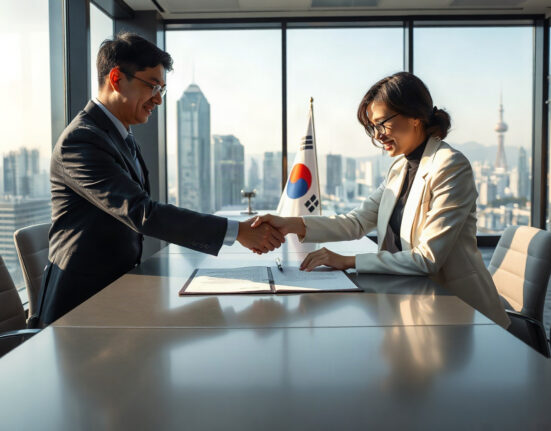 Business professionals signing a partnership agreement in a modern Seoul office