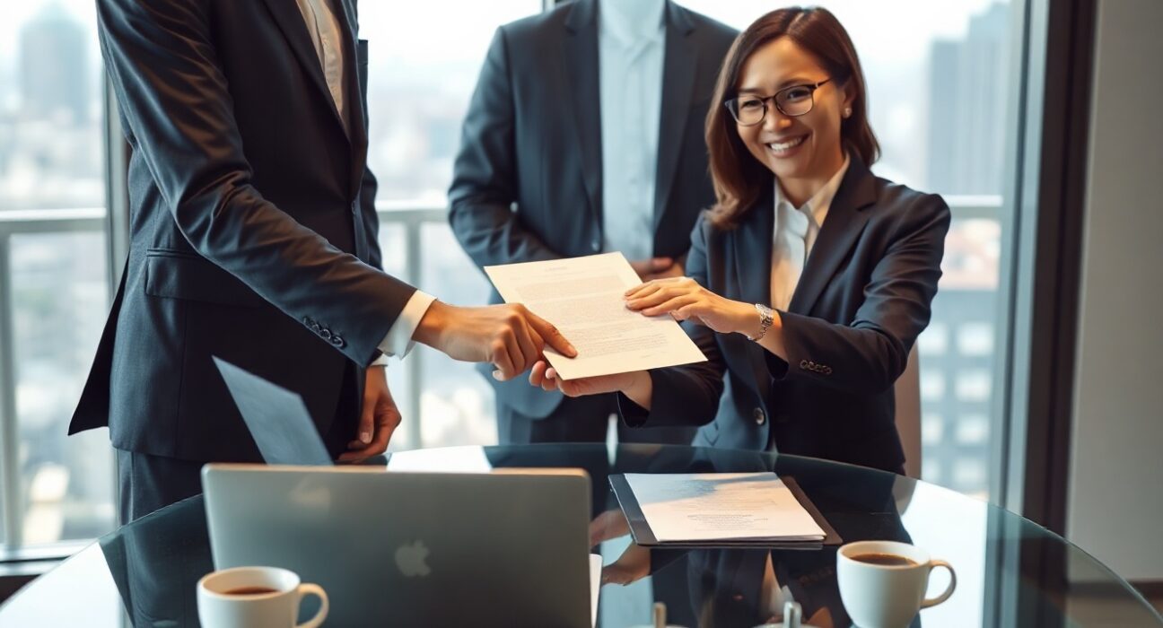 Executives from Koscom and NH Investment & Securities sign a memorandum of understanding on tokenized securities in a modern office.