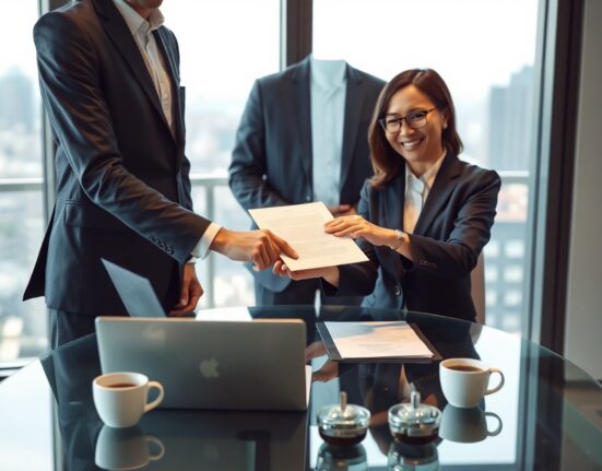 Executives from Koscom and NH Investment & Securities sign a memorandum of understanding on tokenized securities in a modern office.