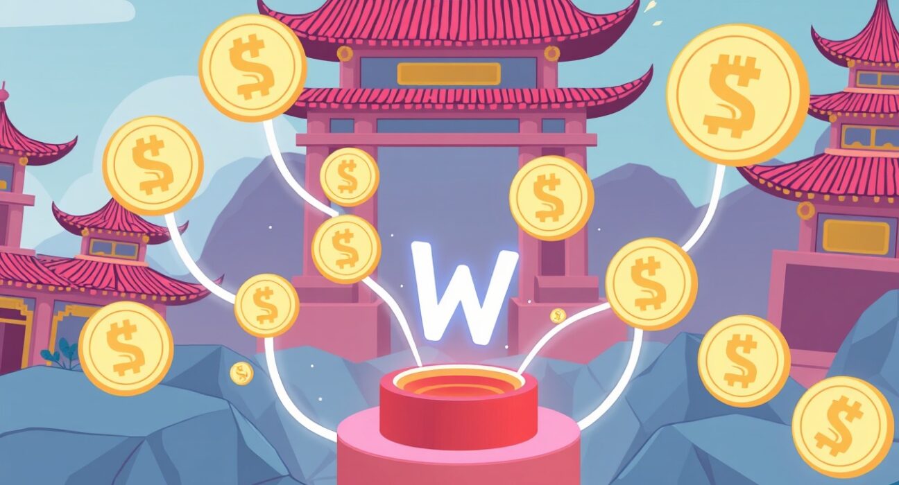 A cartoon illustration of digital currency symbols flowing into a central hub, symbolizing the launch and impact of Koscom stablecoin in South Korea's financial market.