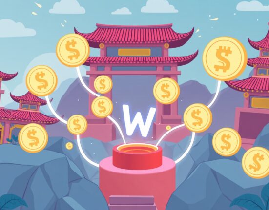 A cartoon illustration of digital currency symbols flowing into a central hub, symbolizing the launch and impact of Koscom stablecoin in South Korea's financial market.