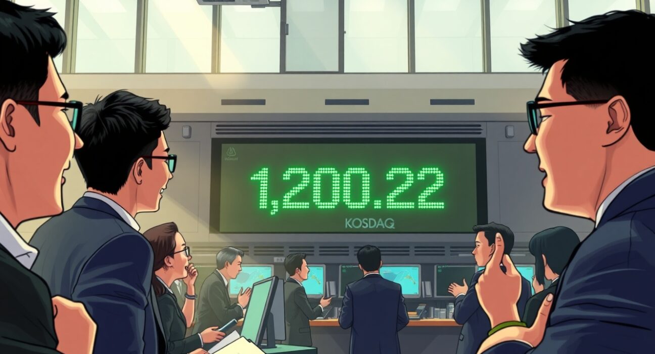 South Korea's KOSDAQ index hits a new all-time high at 1,200 points on the trading floor display.