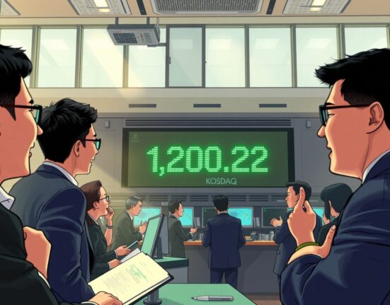 South Korea's KOSDAQ index hits a new all-time high at 1,200 points on the trading floor display.