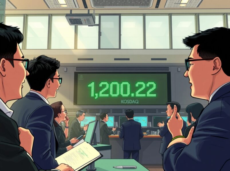 South Korea's KOSDAQ index hits a new all-time high at 1,200 points on the trading floor display.