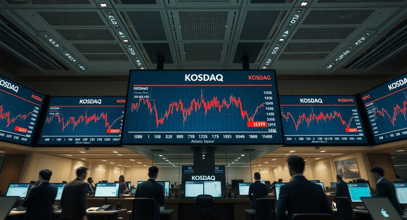 Korea Exchange trading floor with screens showing KOSDAQ buy-side sidecar activation and market data.