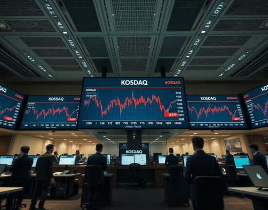 Korea Exchange trading floor with screens showing KOSDAQ buy-side sidecar activation and market data.