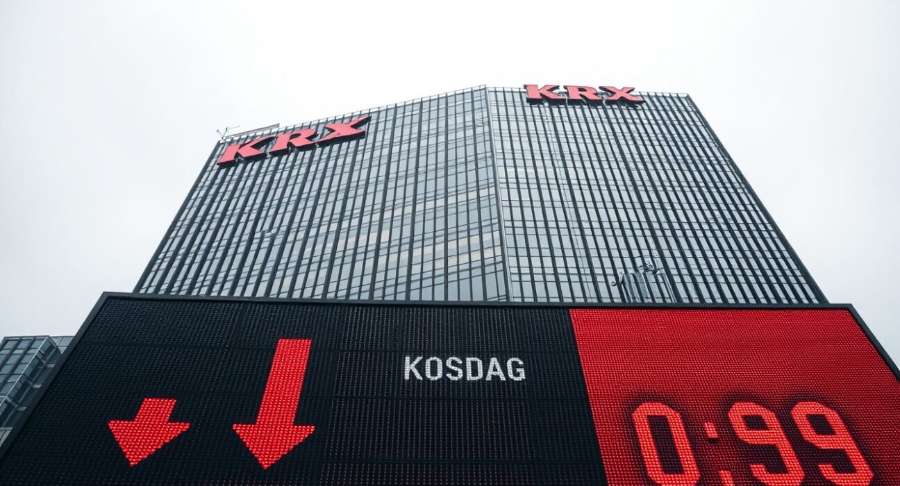 Korea Exchange headquarters in Busan with red stock ticker showing Kosdaq and KOSPI declines