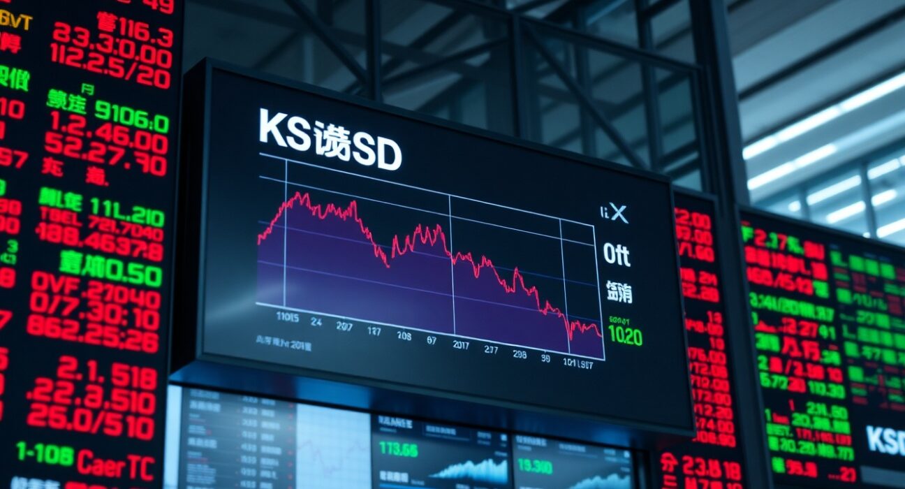KOSDAQ stock market board in Seoul with declining digital asset treasury stock graph