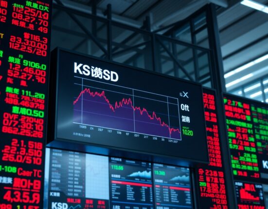 KOSDAQ stock market board in Seoul with declining digital asset treasury stock graph