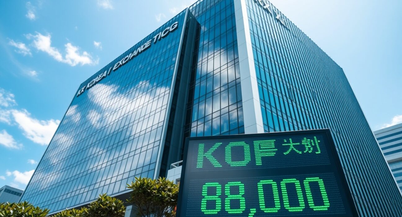 Korea Exchange building with KOSPI index displayed at 8,700 on a sunny day