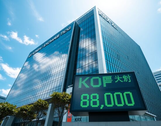Korea Exchange building with KOSPI index displayed at 8,700 on a sunny day