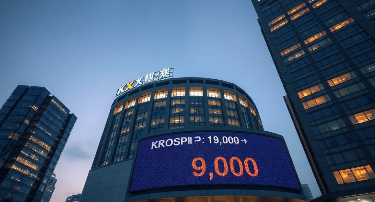 Korea Exchange building in Busan with electronic ticker showing KOSPI 9,000