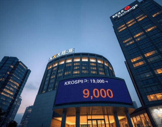Korea Exchange building in Busan with electronic ticker showing KOSPI 9,000