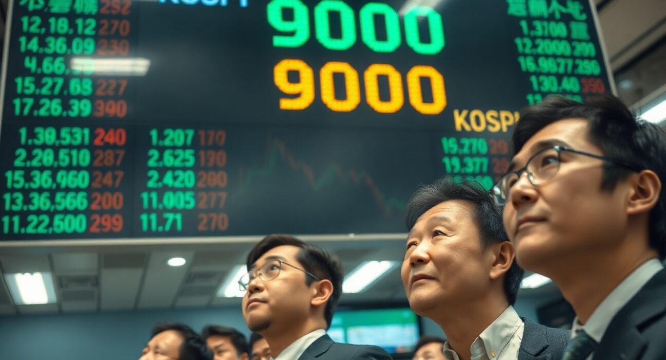 KOSPI trading floor display showing index at 9000 level with traders watching