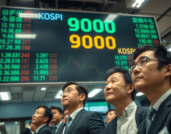 KOSPI trading floor display showing index at 9000 level with traders watching