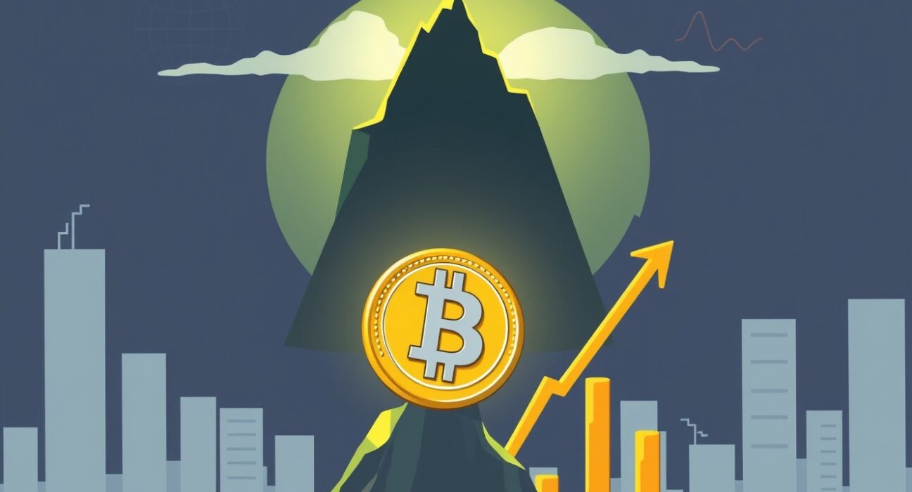 Cartoon showing KOSPI record high influencing Bitcoin's peak, illustrating the KOSPI Bitcoin correlation.