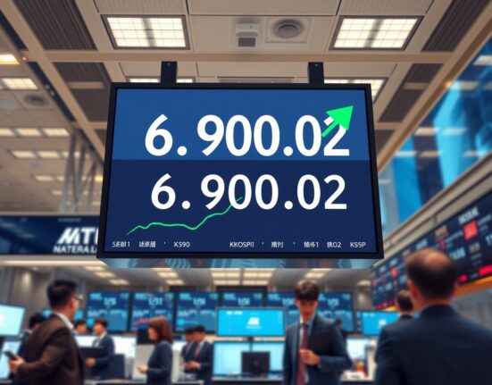 KOSPI breaks 6,900 all-time high displayed on a Seoul trading floor screen, marking a historic market milestone